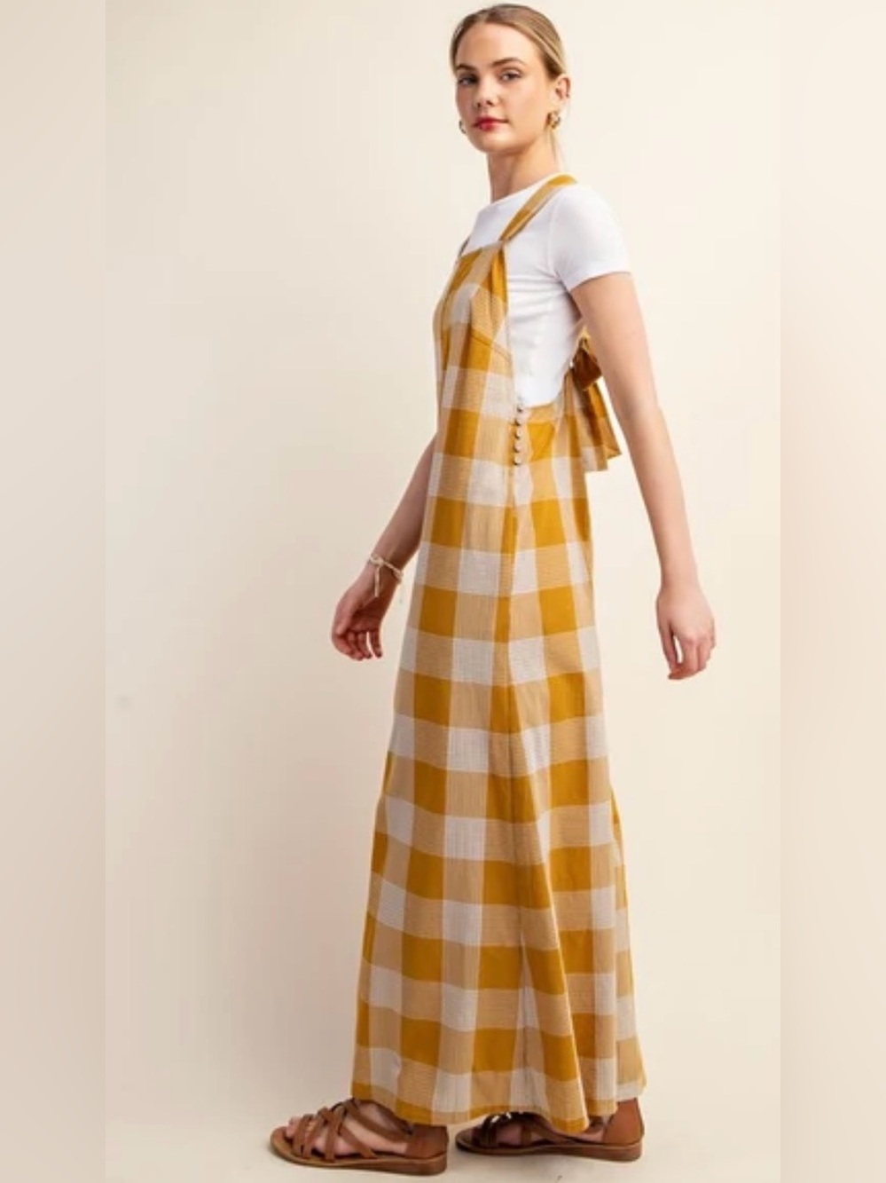 Women’s Mustard Check Wide-Leg Overalls Jumpsuit - Picture 2 of 11